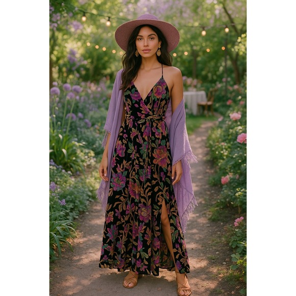 Lulu L Burnout Velvet Floral Maxi Dress Black Multicolor Strappy Boho Y2K Party - Picture 1 of 10